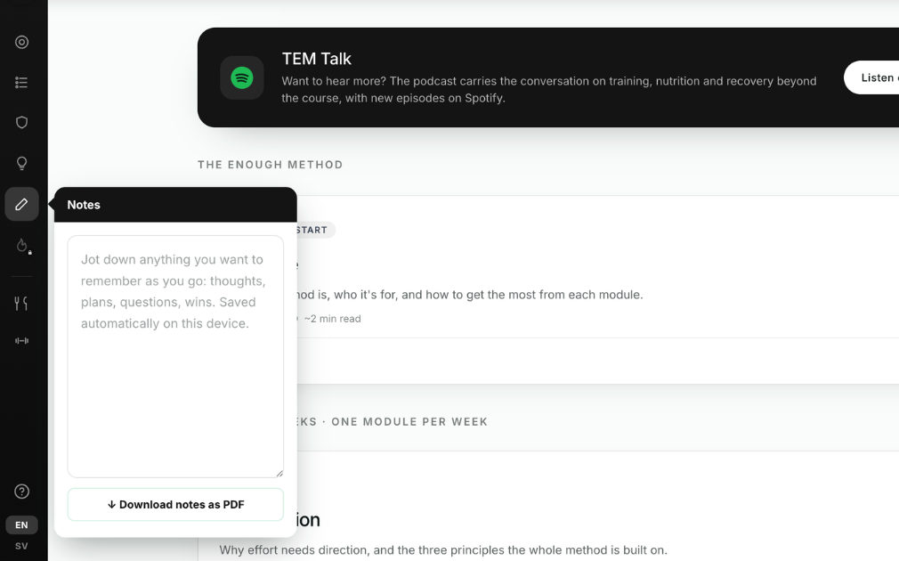 The notes panel, saved on your device