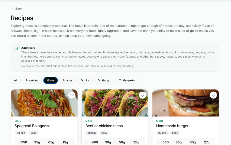 The recipe library inside the course