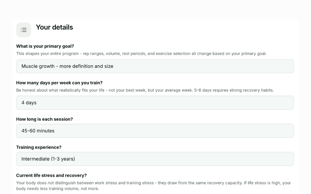 Your details — goal, schedule, session length and experience
