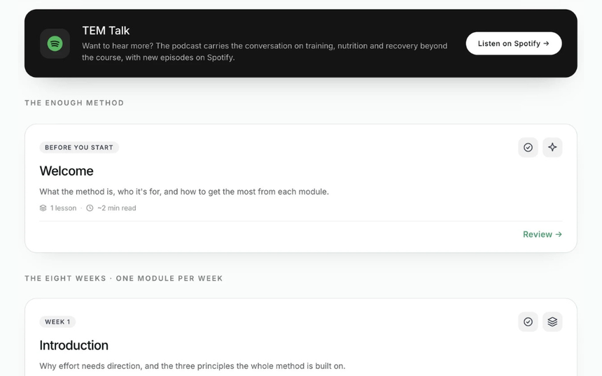 The course dashboard with all eight modules