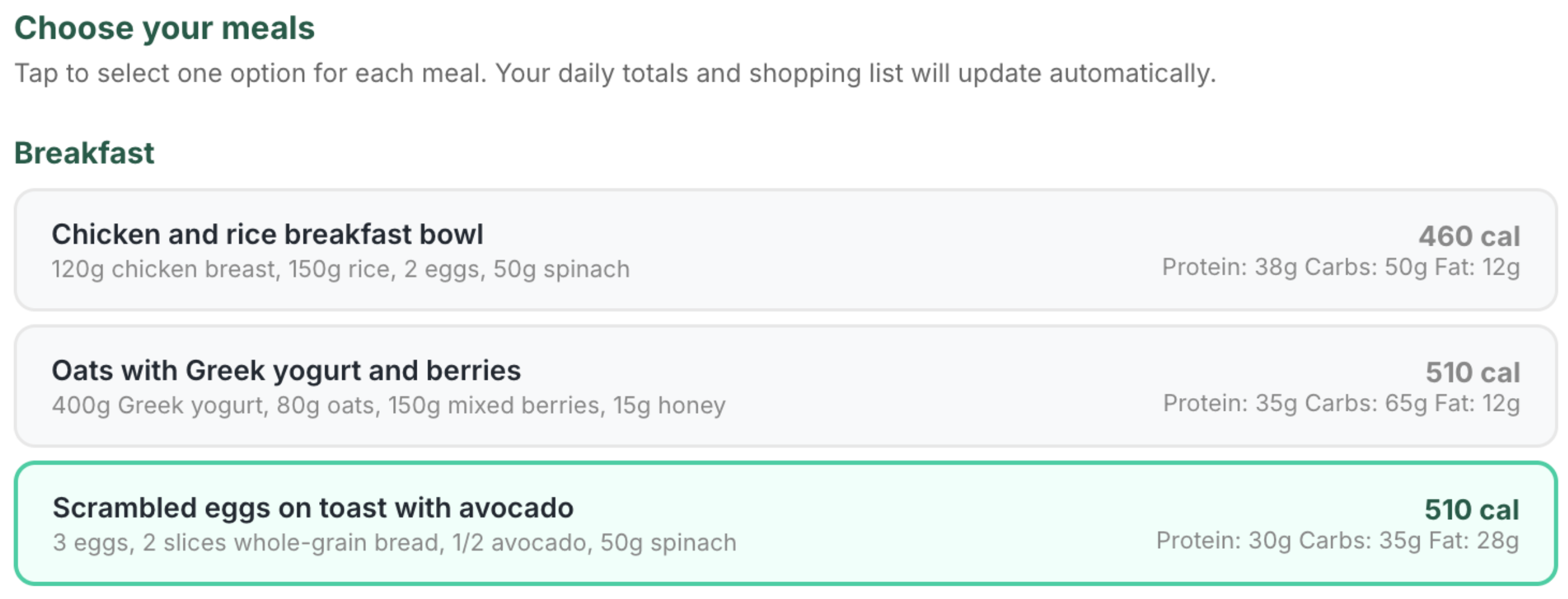 Meal selection list with calories and macros that update on tap